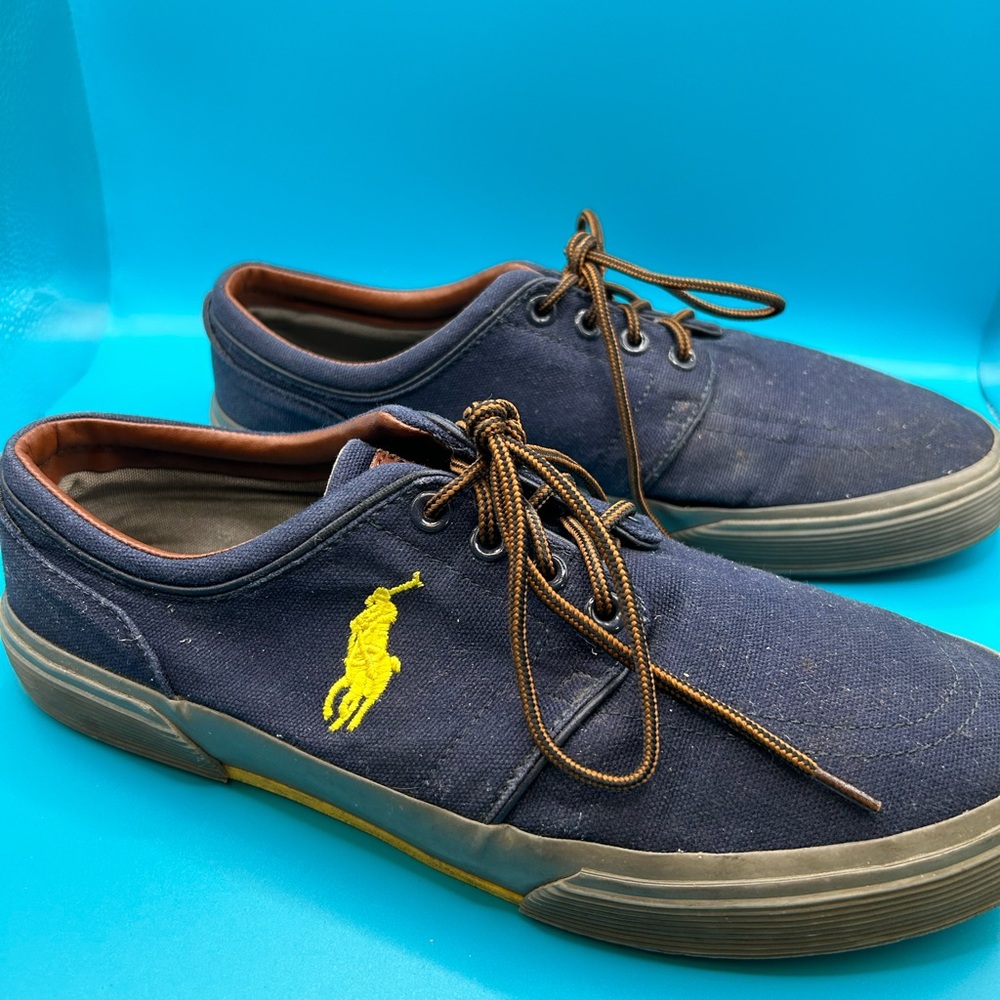 Ralph Lauren blue shoes with yellow emblem. Size 9D.